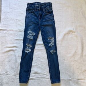 American Eagle Outfitters Women's Dark Blue Ripped Skinny Jeans